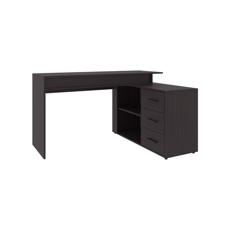 Bureau en L Neilton, 3 tiroirs, 2 tablettes, bureau en wengé noir