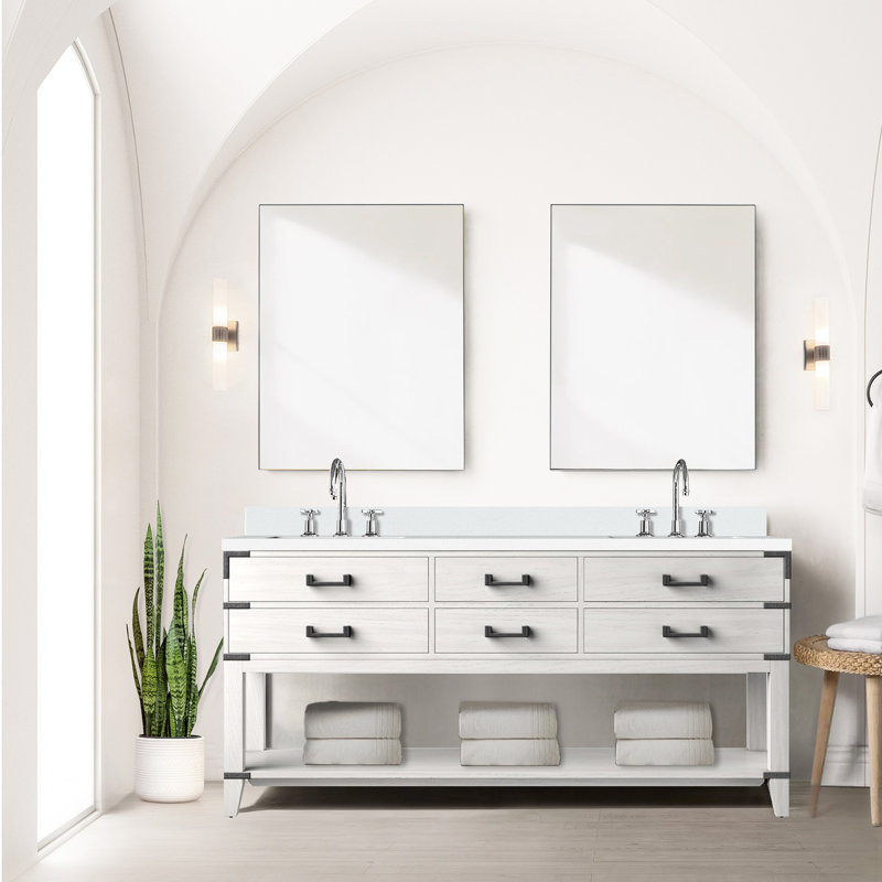 72 po X 22 Meuble-lavabo en chêne blanc avec quartz scellé - bois massif, fermeture en douceur, 4 tiroirs et armoire ouverte pour salle de bain Grace W P