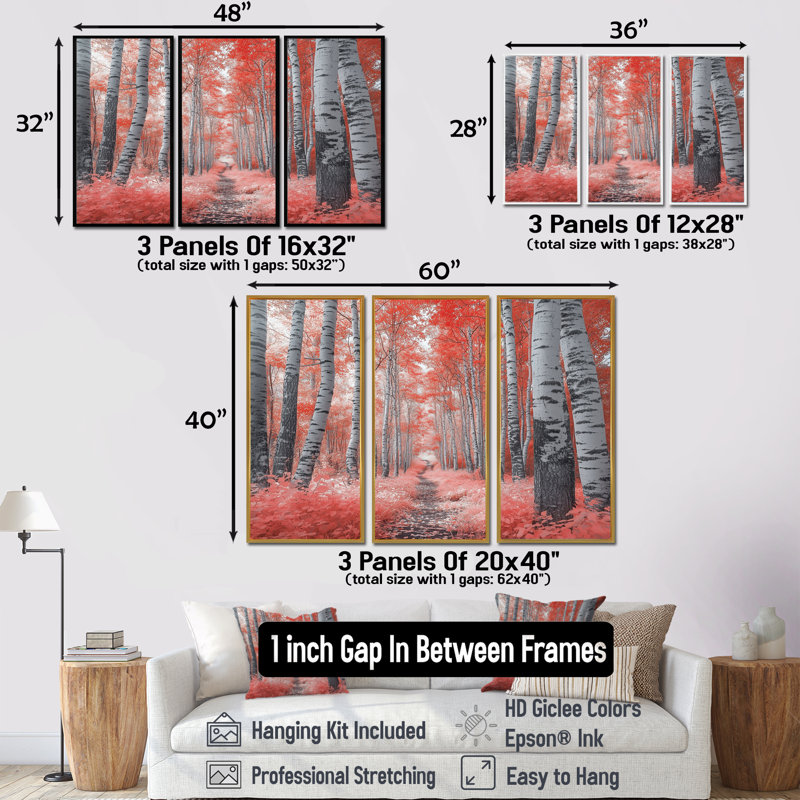 Ensemble de salon d'art mural forêt rouge Panorama I - forêt, H 28 po x l 36 po x P 1 po, Toile avec cadre flottant noir