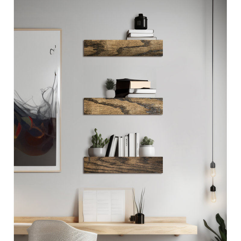 3 tablettes flottantes en bois de chêne massif, Noir anthracite, H 5 po x l 15 po x P 5 po