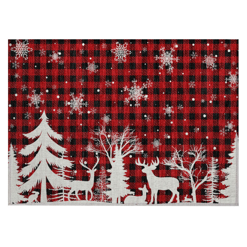 Machine Washable Indoor/Outdoor Christmas Reindeer Xhevrie Red Rug, Rectangle 1'8" x 2'6"