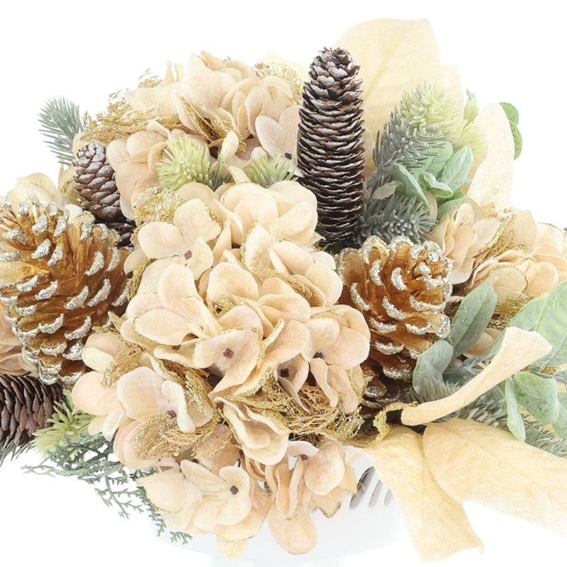 Arrangement d'hortensias des Fêtes dans un vase à piédestal