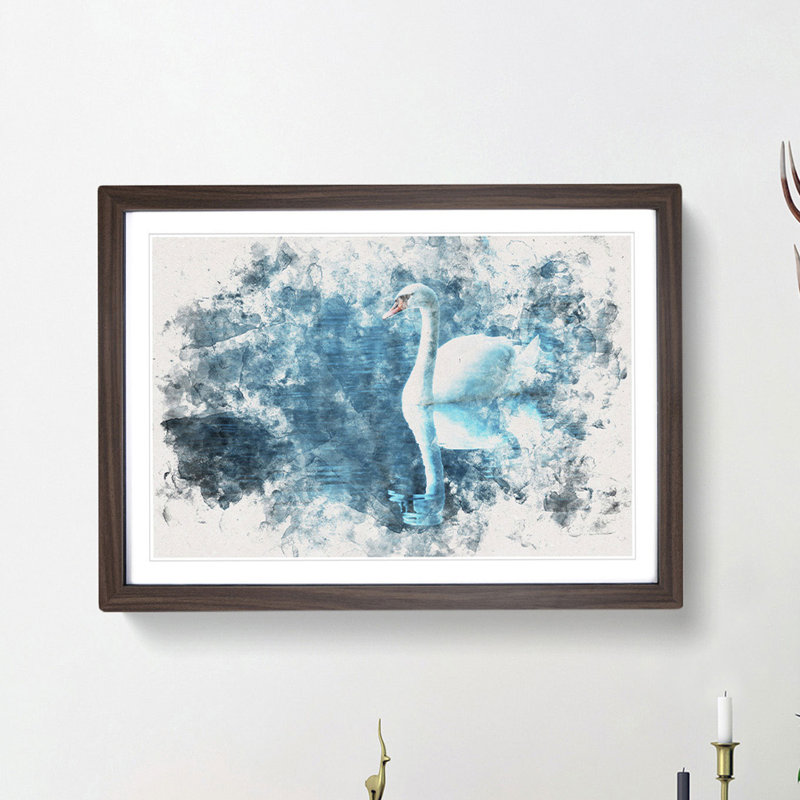 White Swan on a Blue Lake Watercolour - Picture Frame Graphic Art Print on MDF, 45cm H x 63cm W x 2cm D, Walnut Framed