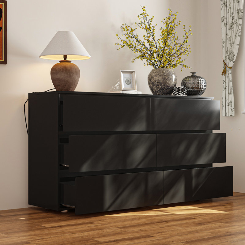 59"W 6 Drawer Dresser, Black