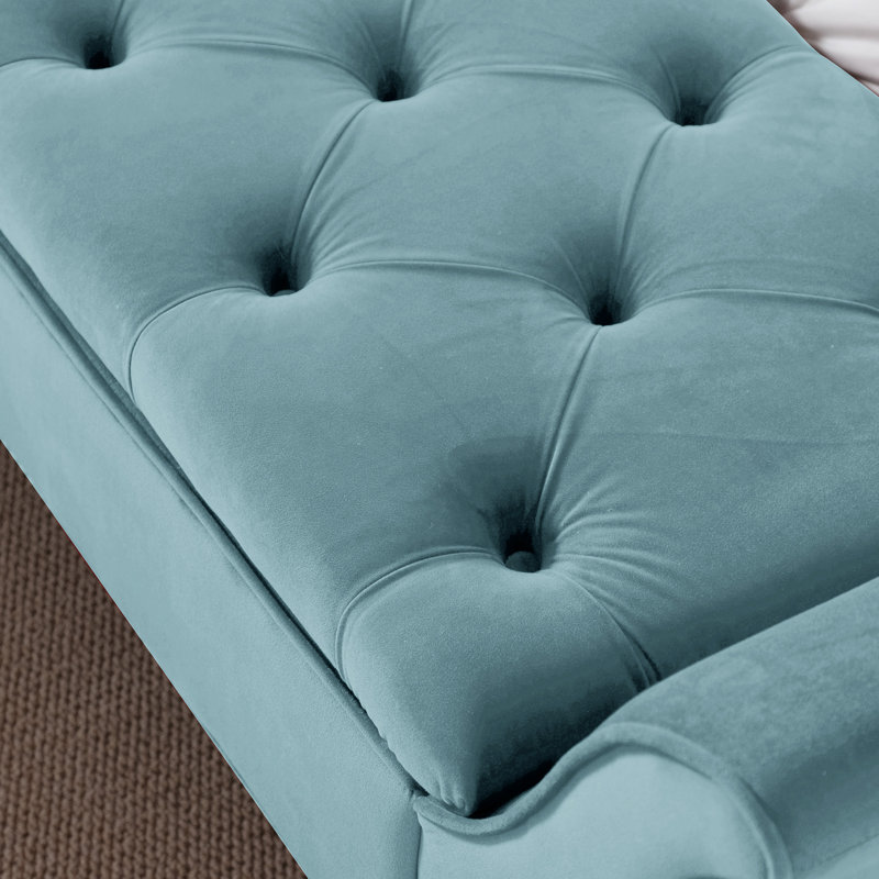 Blue Velvet Upholstered Storage Bench with Roll-Arm