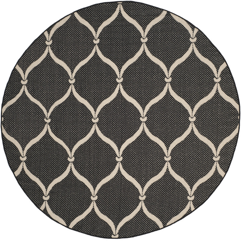 Tapis intérieur / extérieur noir / beige Abeeda Palmetto, Rond 6 pi 7 po