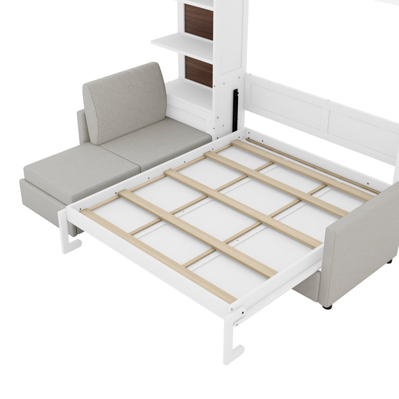 Grand lit escamotable mural avec canapé et tablettes, blanc