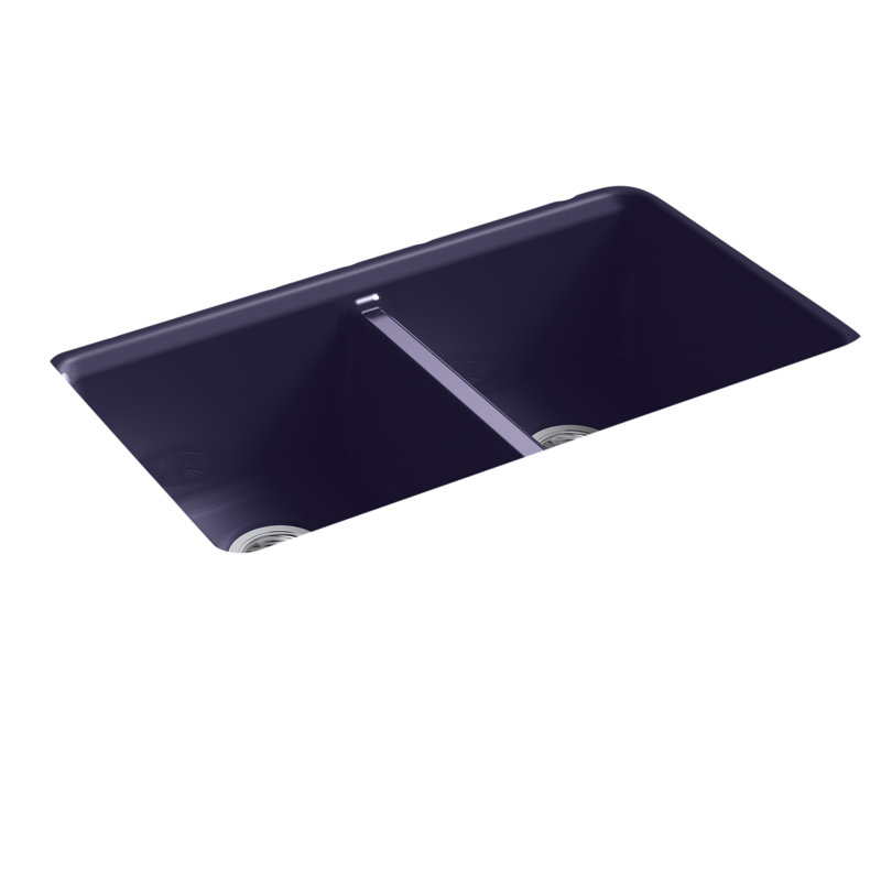 Riverby® 33" x 22" x 9.625" Under-Mount Double-Equal Kitchen Sink with Accessories and 5 Oversized Faucet Holes, Indigo Blue