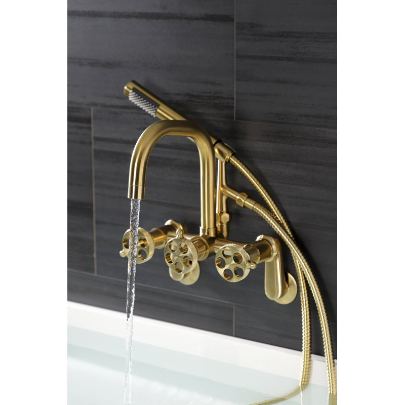 Kingston Brass Webb Three-Handle 2-Hole Adjustable Wall Mount Clawfoot Tub Faucet with Knurled Handle and Hand Shower