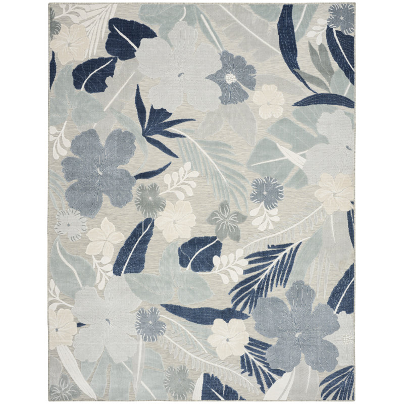 Megan 7'10" x 9'10" Grey Navy Tropical Rug, Navy, Rectangle 7'10" x 9'10"
