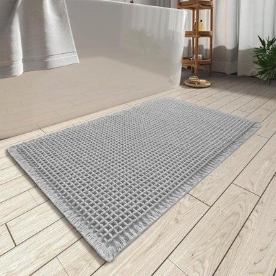 Upgraded Waffle Bath Mat, Super Absorbent Non Slip Bath Mats For Bathroom Floor, Machine Washable Bathroom Rugs With Tassels, Rubber Backed Bathroom Mats, Ultra Soft, 17" X 24"