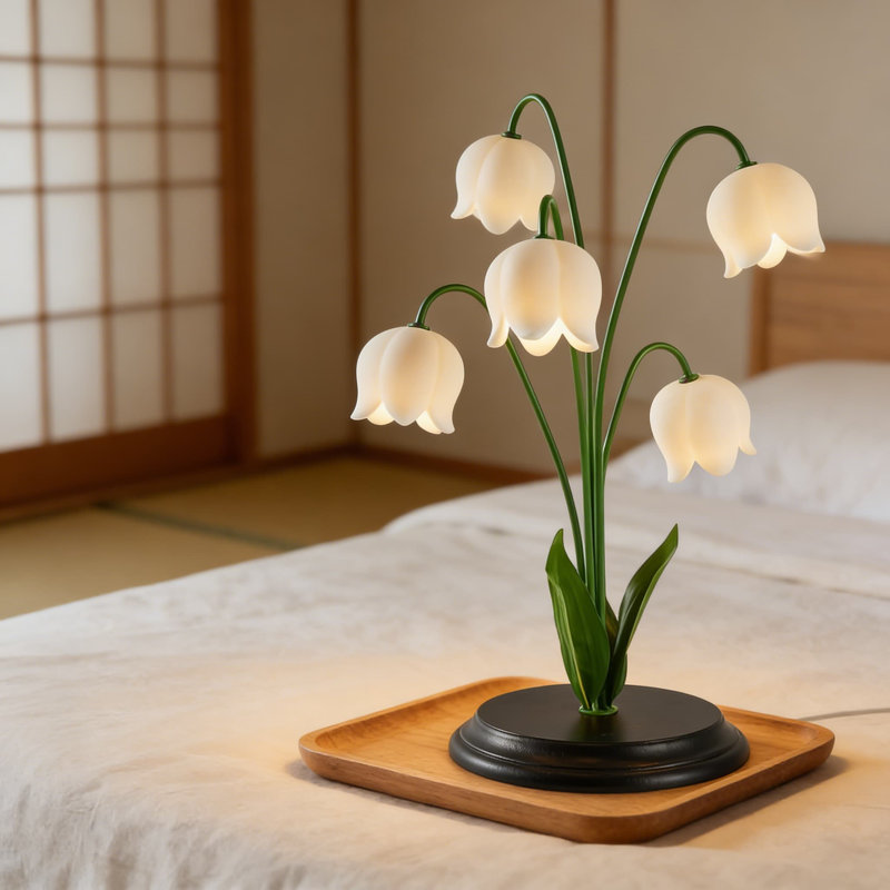 Lampe de table avec télécommande Lily-of-the-Valley - Veilleuse à intensité variable avec 5 fleurs réalistes, base en bois, élégante chambre à coucher