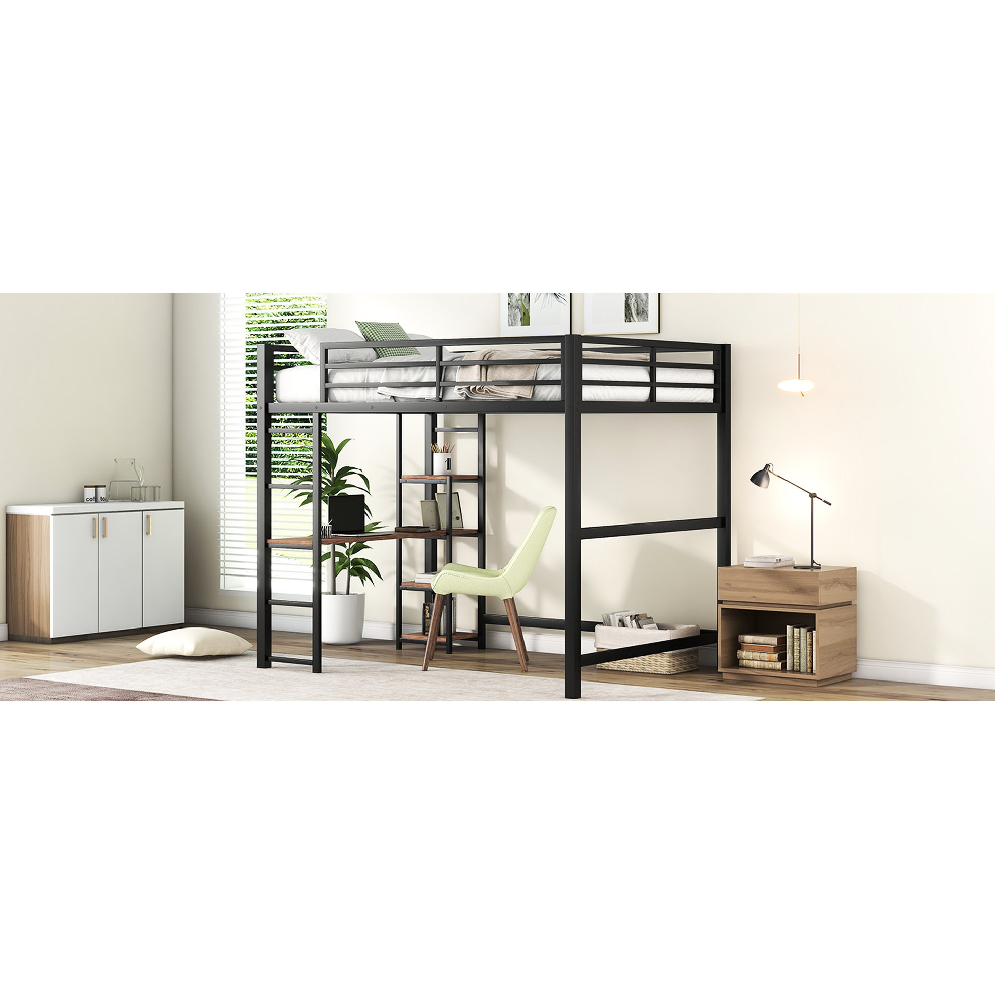 Ivy Bronx Black Metal Loft Bed With Desk And Storage - Full Size