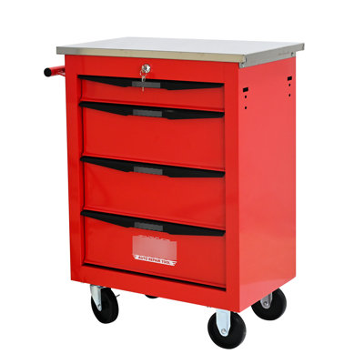 Multifunctional 4 - Drawer Tool Cart With Wheels And Stainless Steel Top, Red & Black, For Workshop Garage Storage, 2 Brakes, One Side Pull Handle, 15Kg Loading Bearing System, Key Locked Storage
