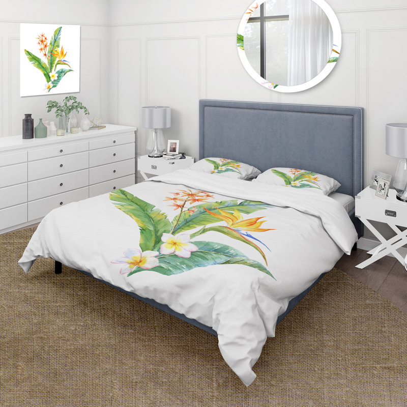 Fleurs tropicales jaunes avec feuilles vertes I - ensemble de housse de couette traditionnel - microfibre de polyester