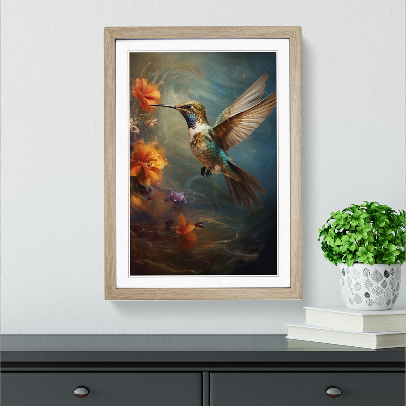Hummingbird Conceptual - Single Picture Frame Print on Wood, 64cm H x 46cm W x 2cm D, Oak Framed