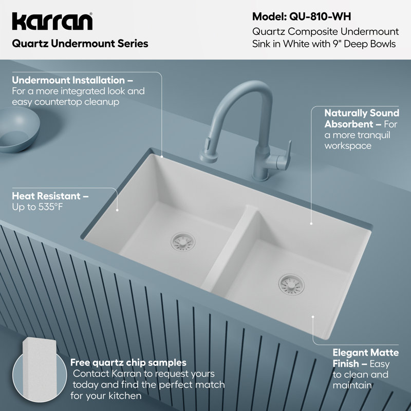 Karran Quartz 32'' X 19-1/2'' 50/50 Double Bowl Composite Undermount Kitchen Sink, White