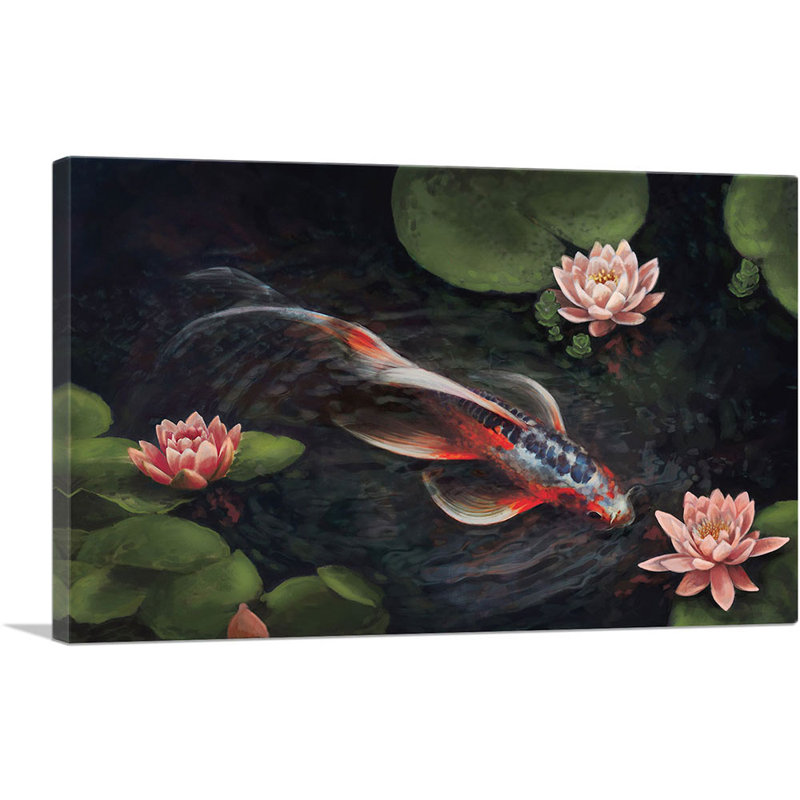 «Red Koi Carp Fish Lotus Flower Pond Leaves», reproduction d'art sur toile tendue, H 18 po x l 26 po x P 1,5 po