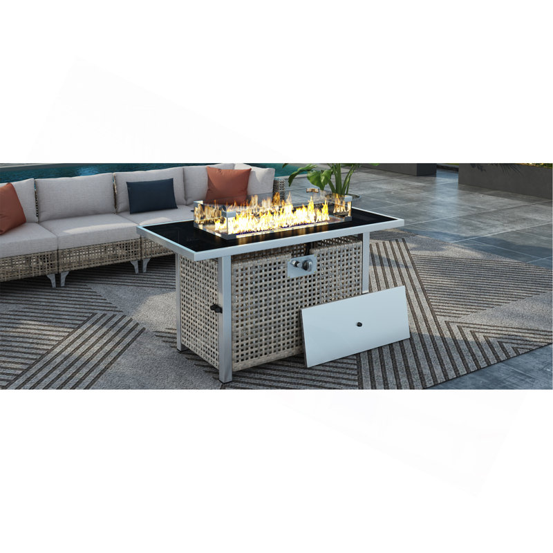 K&K 43" Propane Gas Fire Pit Table, 60000 BTU Rectangular Open Weave Wicker Fire Pit With Glass Wind Guard For Outside Patio Deck Garden Backyard
