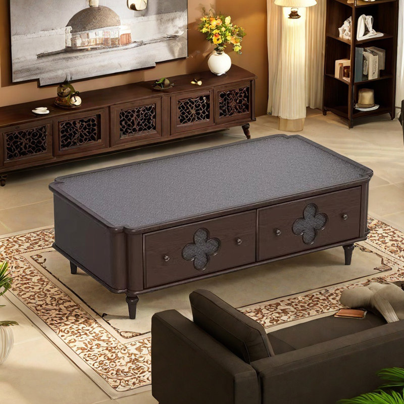 Solid Wood Clover Coffee Table with Retro Glass, 17.71" H x 51.18" L x 27.55" W