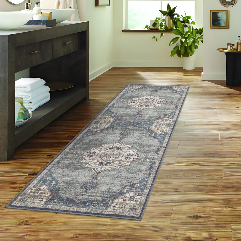 Washable Rugs for Living Room Bedroom Area Rug Boho Vintage Oriental Floral Print Rug Stain Resistant Carpet for Kitchen Laundry Non-Slip Low Pile Floor Carpet Indoor Soft Floor Mat Home Hallway Long Rug Office Apartment Decor