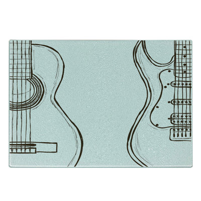 Ambesonne Guitar Tempered Glass Cutting Board Doodle Style Instruments Dark Brown White