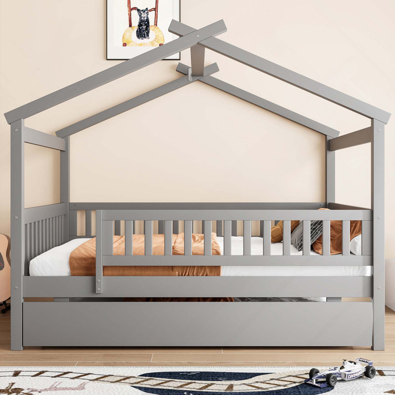 Lit en bois avec lit gigogne simple, Gris, Lit double