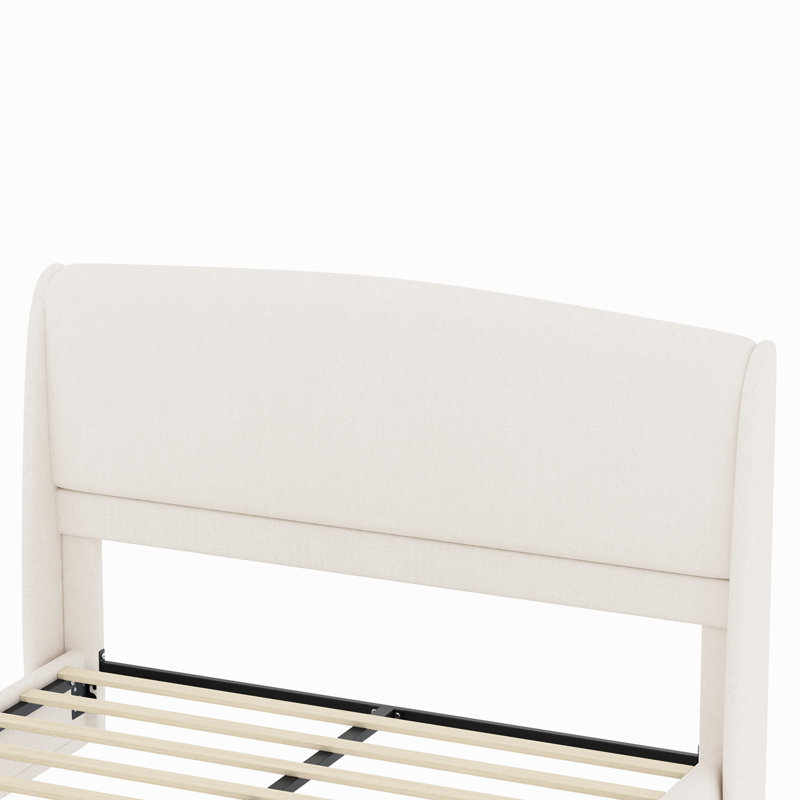 Upholstered Queen Bed Frame With Wingback Headboard, Low Profile Platform Bed With Padded Headboard, Beige