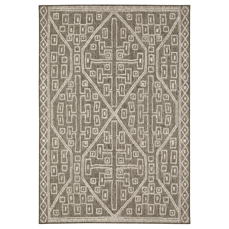 Tavraj Modern Diamond Medallion Brown / Beige Indoor/Outdoor Rug, Rectangle 6'7" x 9'2"