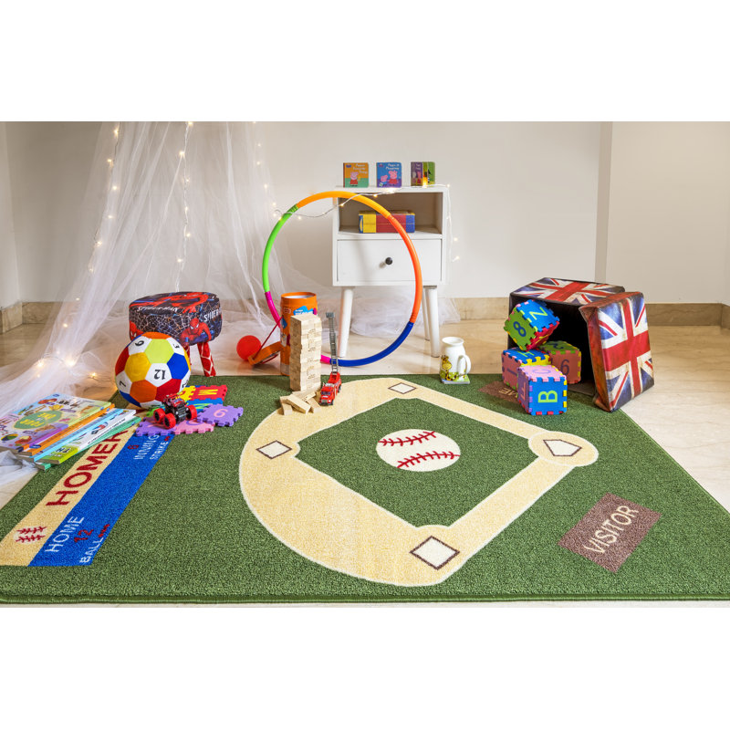 Furnish My Place Niemann 710 Baseball Play Area Rug for Kids Playroom | Bathroom & Kindergarten Classroom | Baseball Ground Rectangle | Anti Skid Rubber Backing | Green