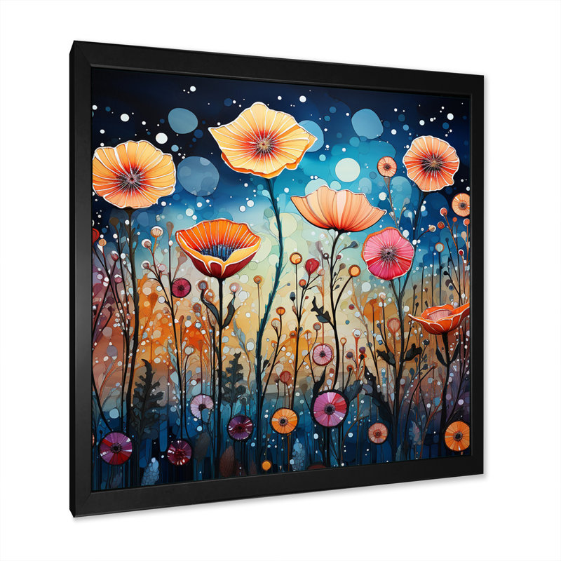 Fleurs sauvages fantaisistes pointillisme II sur toile, H 30 po x l 30 po x P 1 po, Cadre simple noir