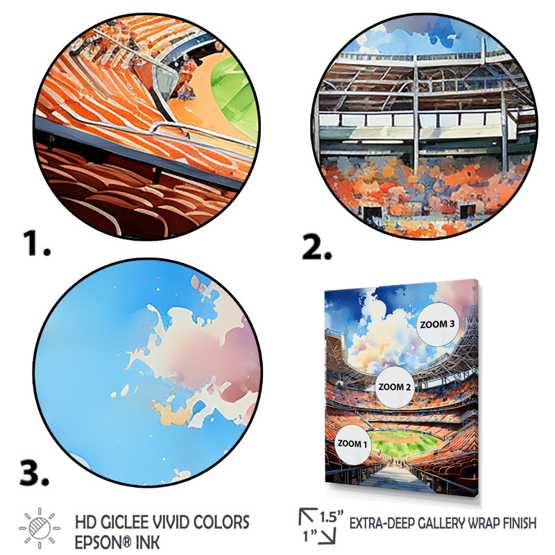 Abstrait Baseball Stadium II - Cityscapes Wall Art Living Room, H 32 po x l 16 po x P 1 po, Cadre flottant doré