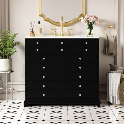 Meuble-lavabo de 36 po avec lavabo en céramique - bois massif, 2 tiroirs d'extension, cadre de rangement en bois et portes noires à fermeture en douceur