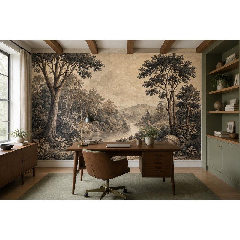 Papier peint rétro paysage forêt, 120 po x 96 po, Peler et coller