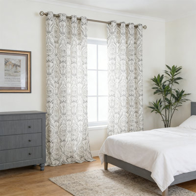 Linen Curtains 52X84 Light Filtering Grommet Boho Damask Printed 2 Panels Greyish Blue