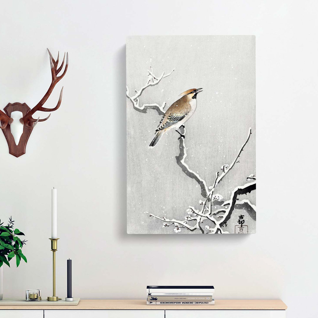 Bohemian Bird On A Snowy Branch by Ohara Koson - Wrapped Canvas