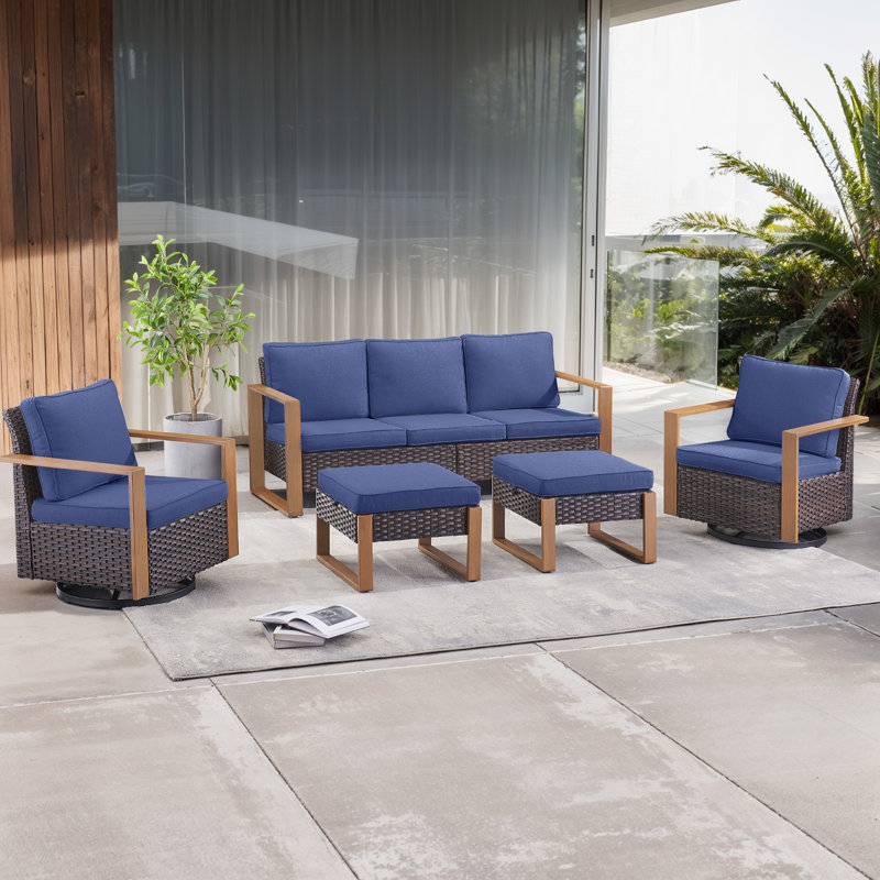 Ensemble de conversation d'extérieur pour 5 personnes avec coussins Kelyse, Brun, Bleu