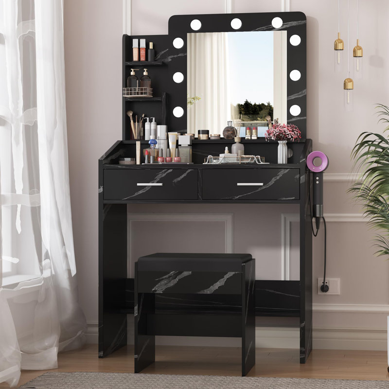 Makeup Vanity Desk with Mirror and LED Lights, 9 Bulbs, Power Outlet, 2 Drawers, Shelves, Cushioned Stool, 3 Lighting Modes, Marble Black