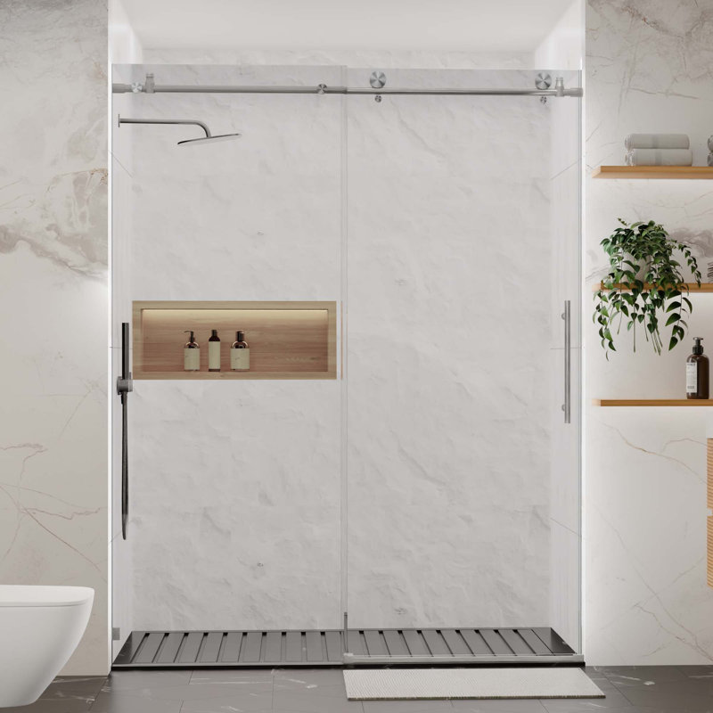 56" - 60" W x 76" H Single Sliding Frameless Shower Door, 5/16" (8mm) Tempered Glass & Stainless Steel Hardware