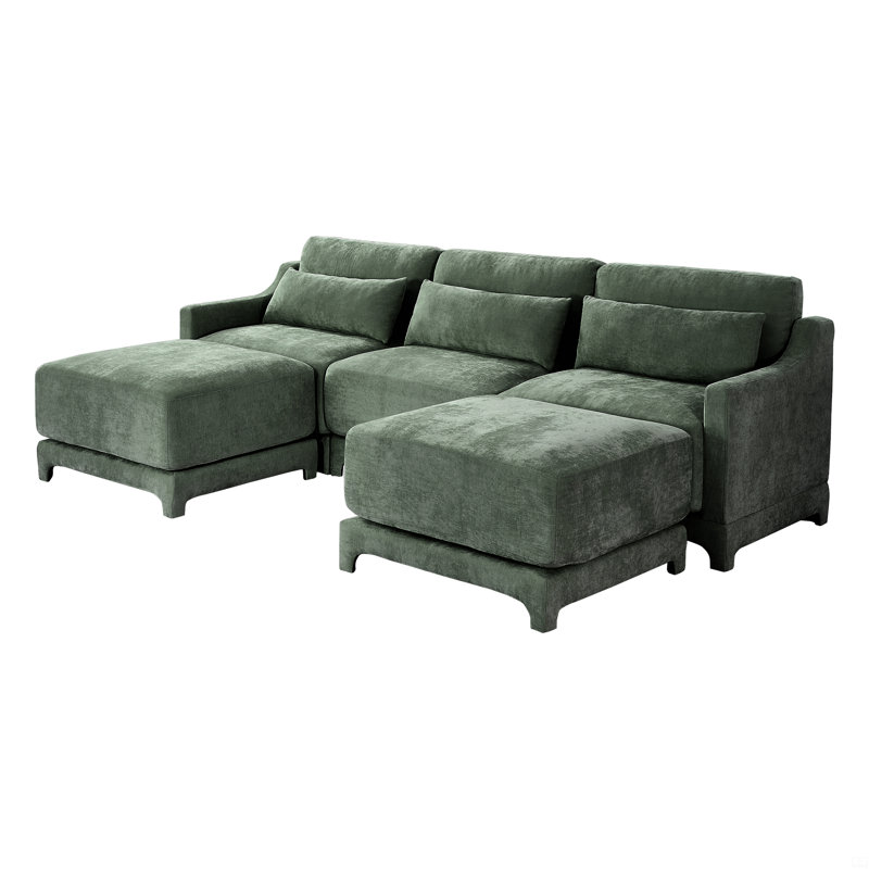 Canapé trois places, 2 repose-pieds mobiles et coussin lombaire, tissu chenille, H 32,6 po x l 105,9 po x P 33 po, 3