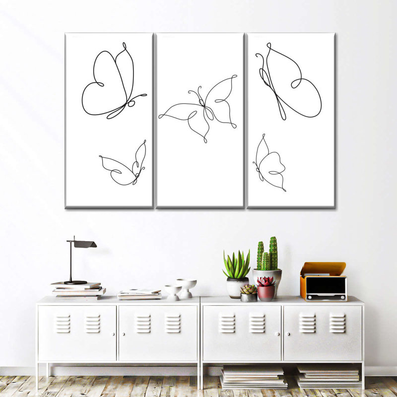 Minimal Butterflies On Canvas, impression de 3 pièces, 38" H x 24" W x 1.25" D