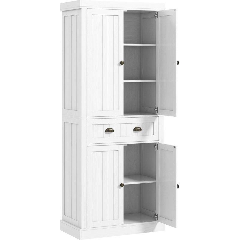 Armoire de salle à manger de 72 po, blanc vieilli, 4 portes, 2 tablettes réglables, tiroir pour rangement de style linge de table,