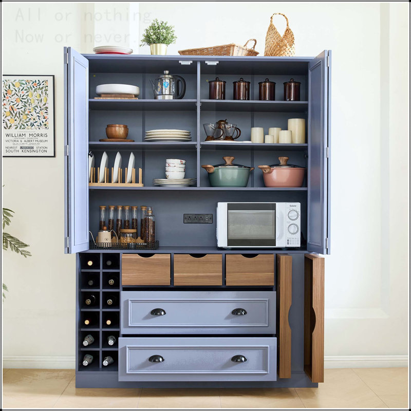 Garde-manger Farmhouse avec portes pliables, prise de courant, supports à vin et plateaux de service - 53,2 po x 17,7 po x 71 po
