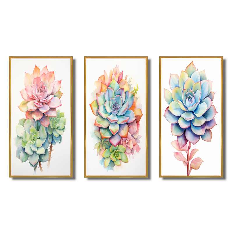 «Blossoming Succulent In Tender Retro Pink II», 3 pièces sur toile, Cadre flottant doré, H 40 po x l 60 po