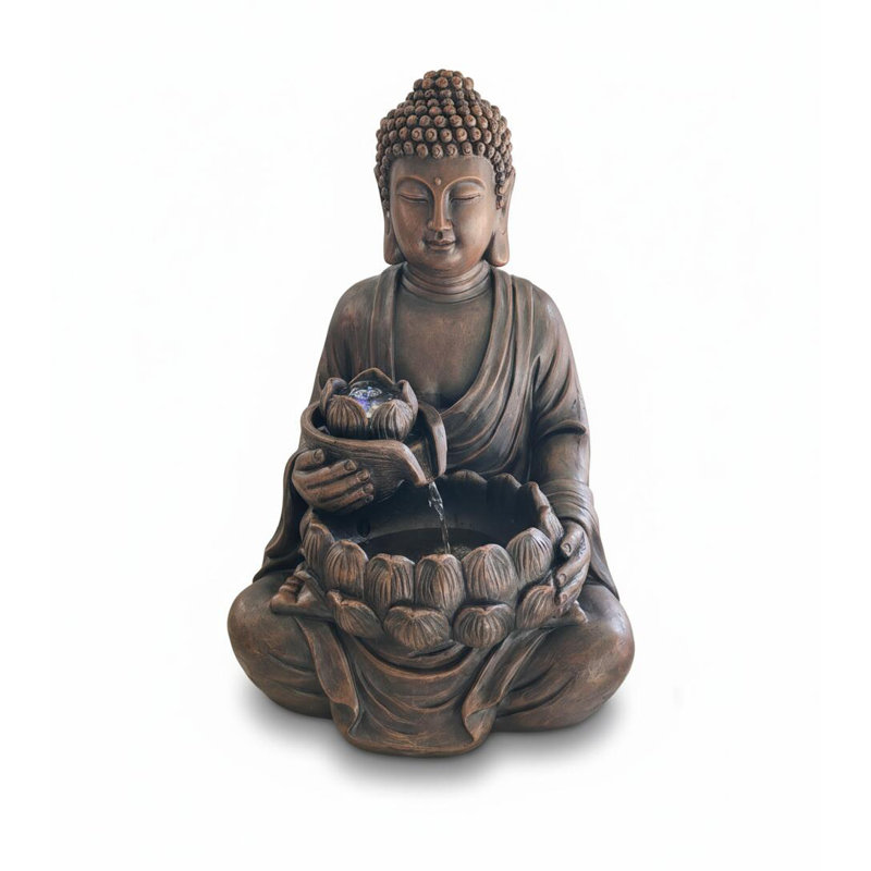 Large Buddha Indoor/Outdoor Resin Water Fountain-29"H  Zen Sitting Buddha Resin Fountain with LED Light, Dark Brown