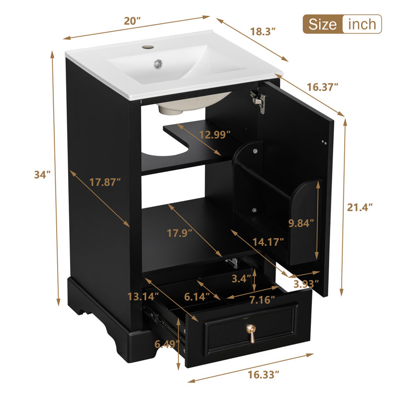 Meuble-lavabo de 20 pouces au design moderne avec lavabo en céramique, tablette réglable et porte à tiroir à fermeture en douceur