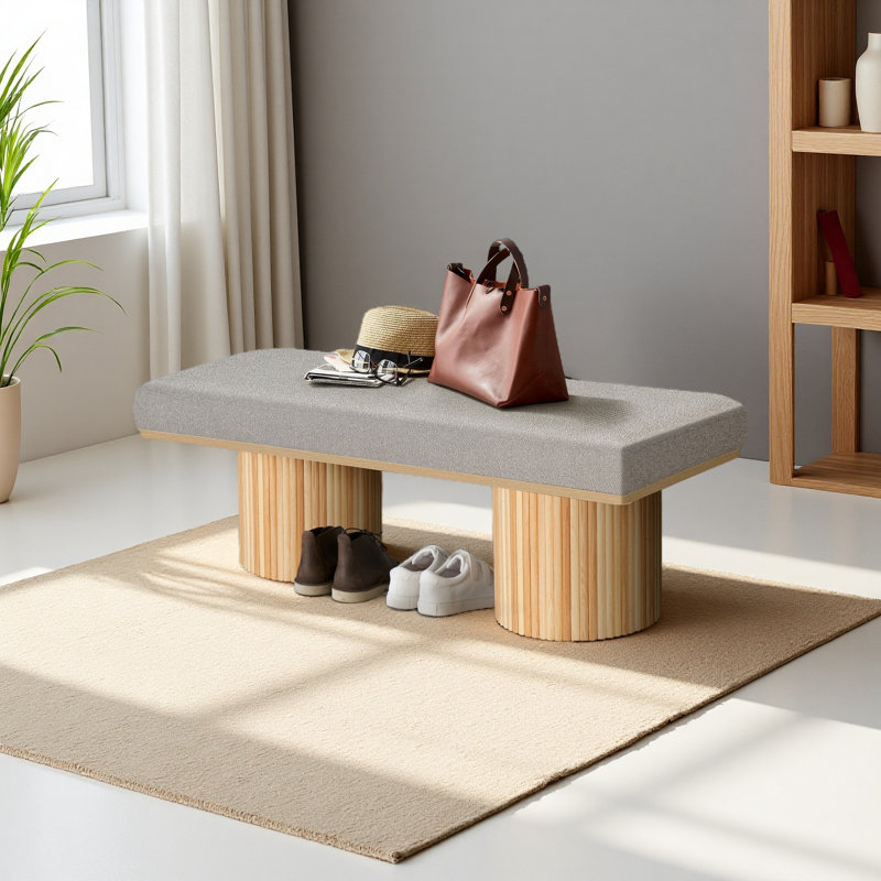 Banc rembourré avec pieds en tissu Boucle, Naturel