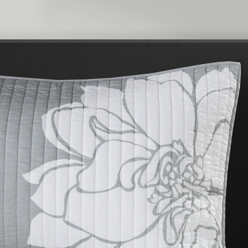 Gray and Peach Floral Reversible Cotton Full Quilt Set