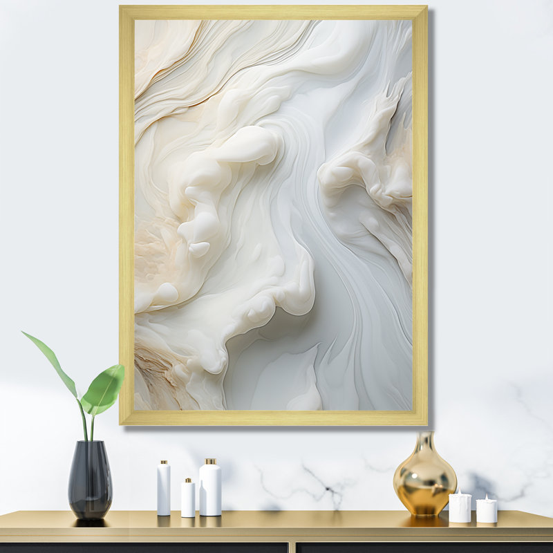Abstrait blanc laiteux II - Art mural abstrait sur toile, H 44 po x l 34 po x P 1,5 po, Cadre doré simple