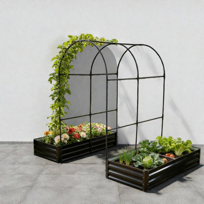 Spacious Metal Planters, Steel Arch Trellis Modern Outdoor Patio Garden